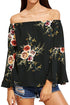 Sexy Black Floral Elastic Off Shoulder Bell Sleeve Top